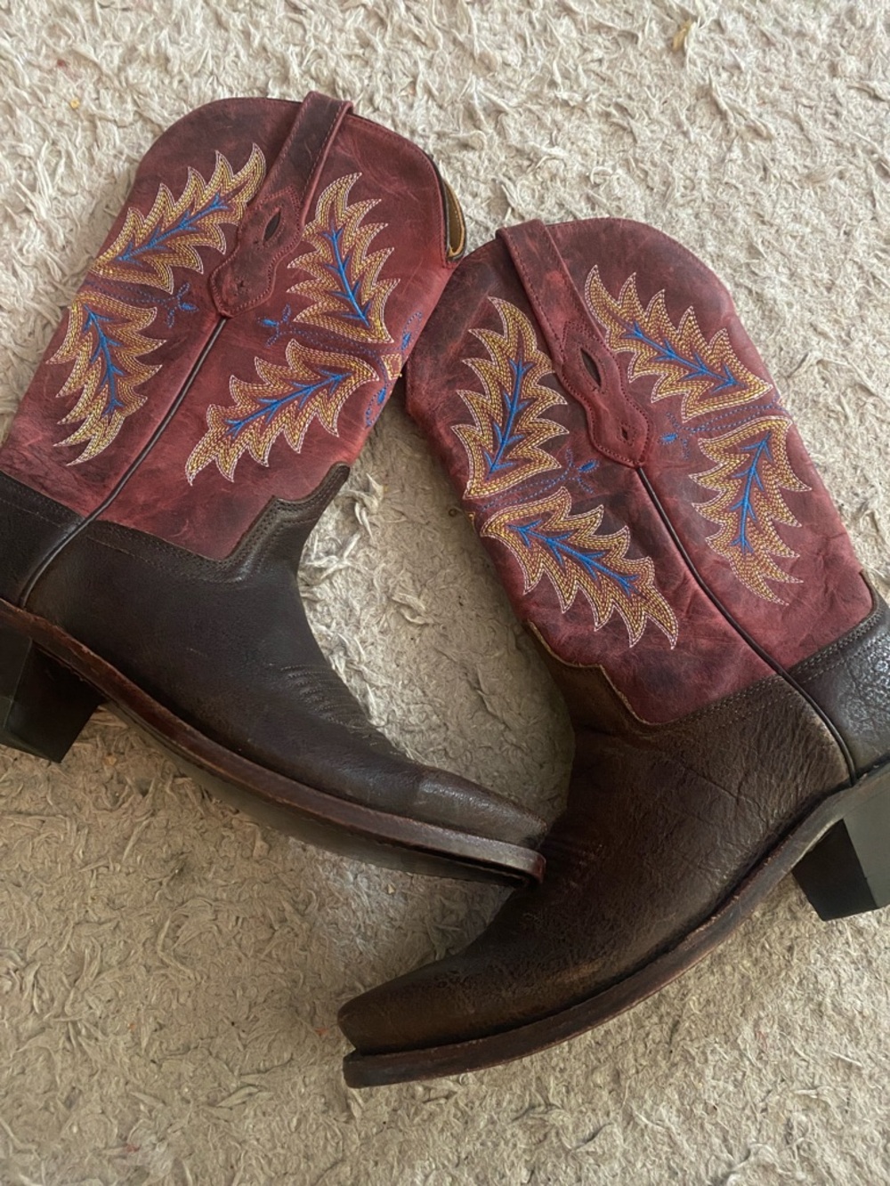 Old West Brown and Burgundy Western Heeled Boots with Blue & Gold Stitching